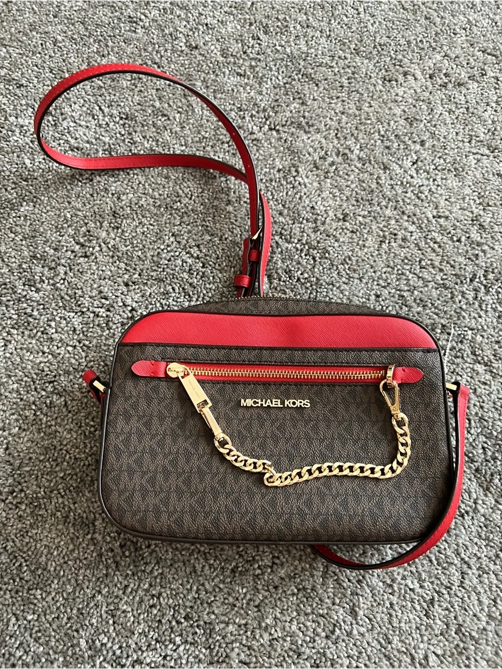Michael Kors Brown Monogram Crossbody with Red Trim and Gold Chain